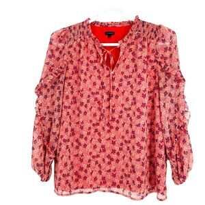 Women’s Talbots Top L Floral‎ Multicolor Blouse Long Sleeve Round Neck Tie